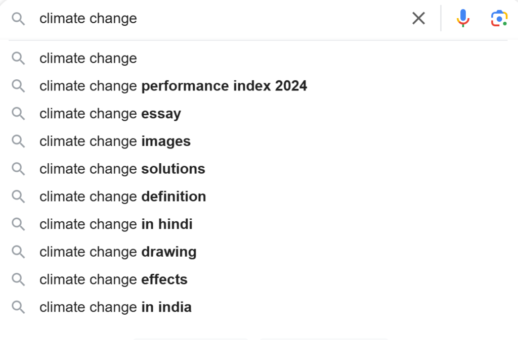 Easy Guide On What Is Keyword Research? How To Do Keyword Research? Go to google and search for any topic, example climate change and hit enter!
